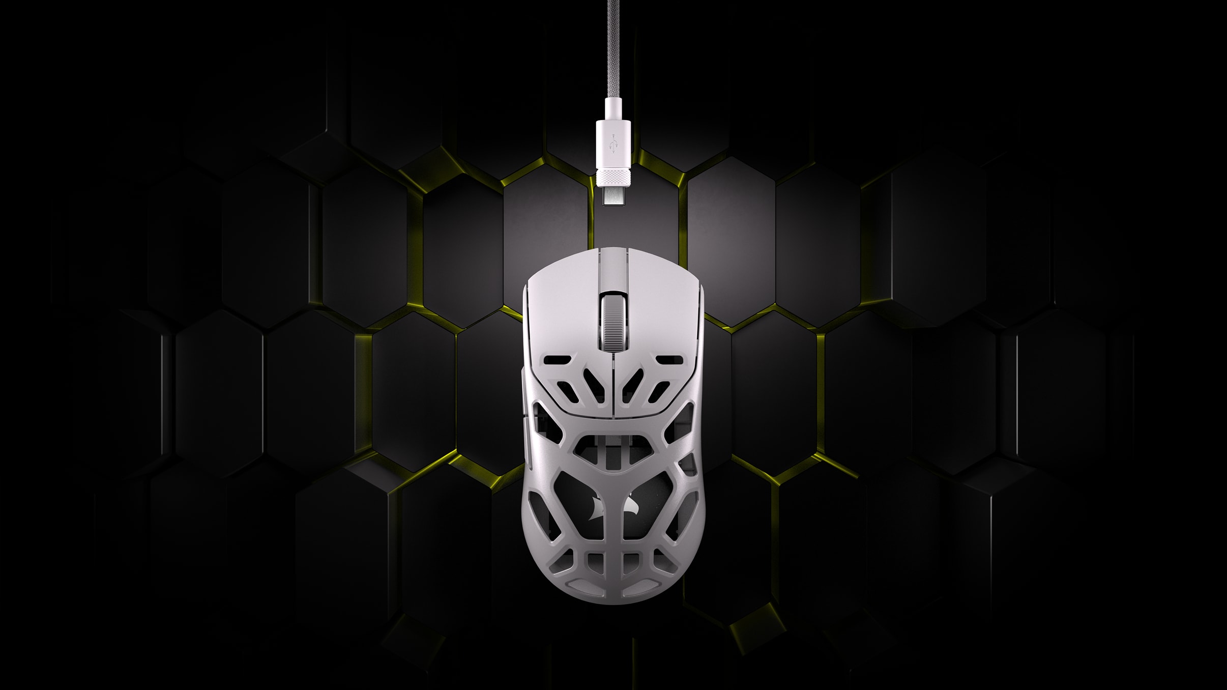 Overhead shot of SABRE v2 PRO MG WIRELESS in white with its respective USB-C cable.