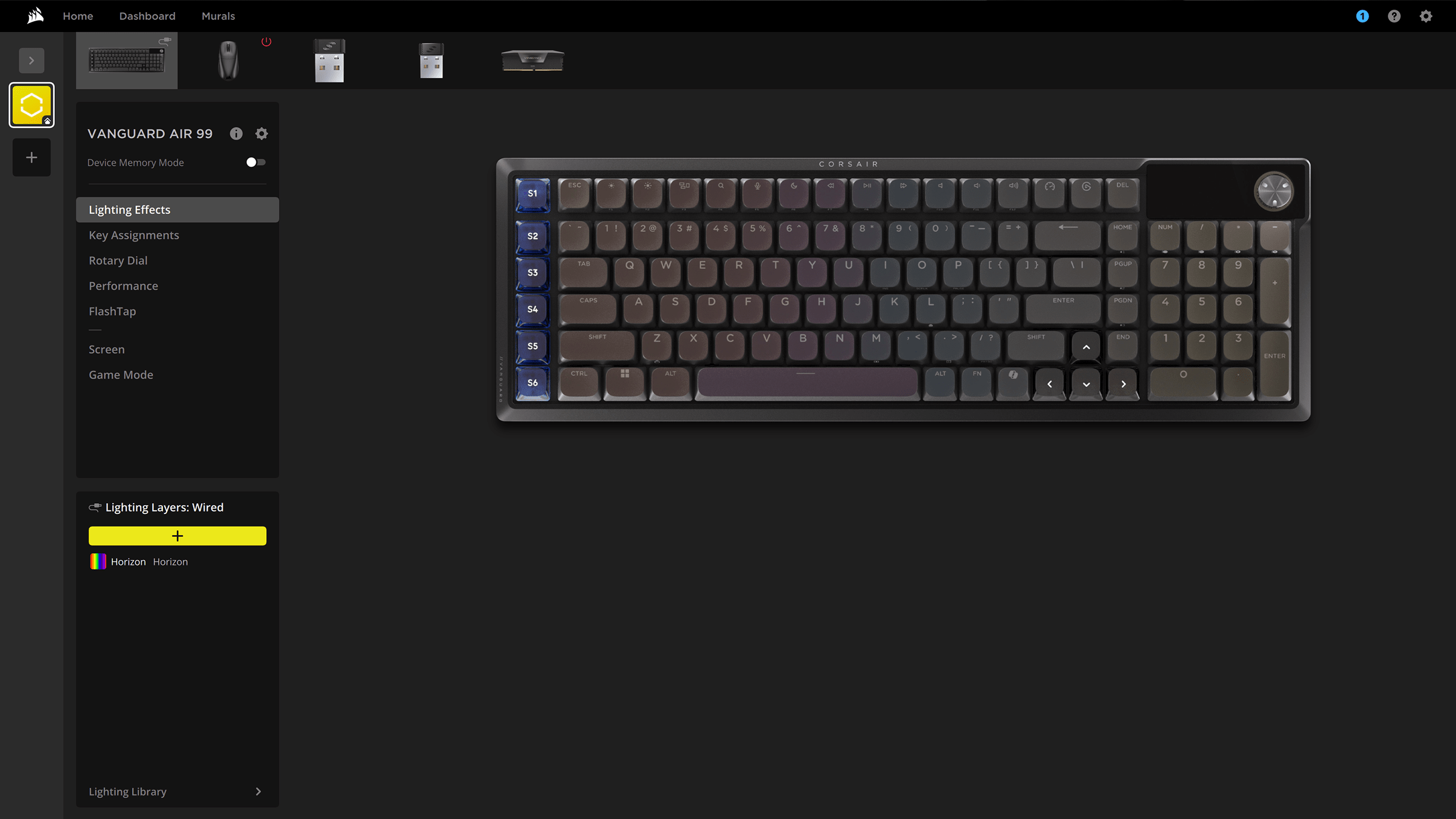 VANGUARD AIR 99 keyboard shown in the iCUE web app interface with key layer assignments and assignable key list.