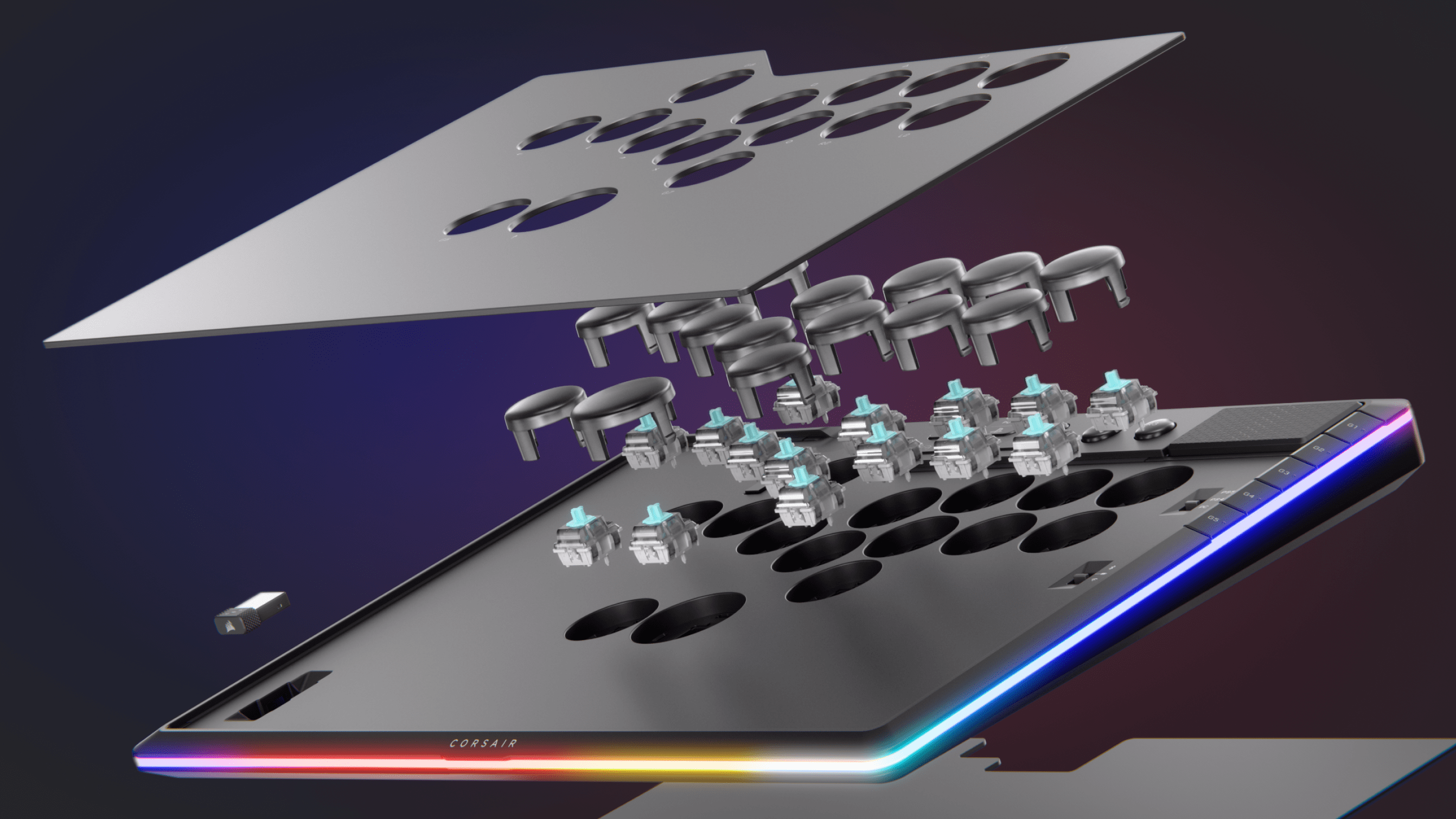 Exploded view of the CORSAIR Novablade showing the removable top plate, switches, and RGB lighting layers.