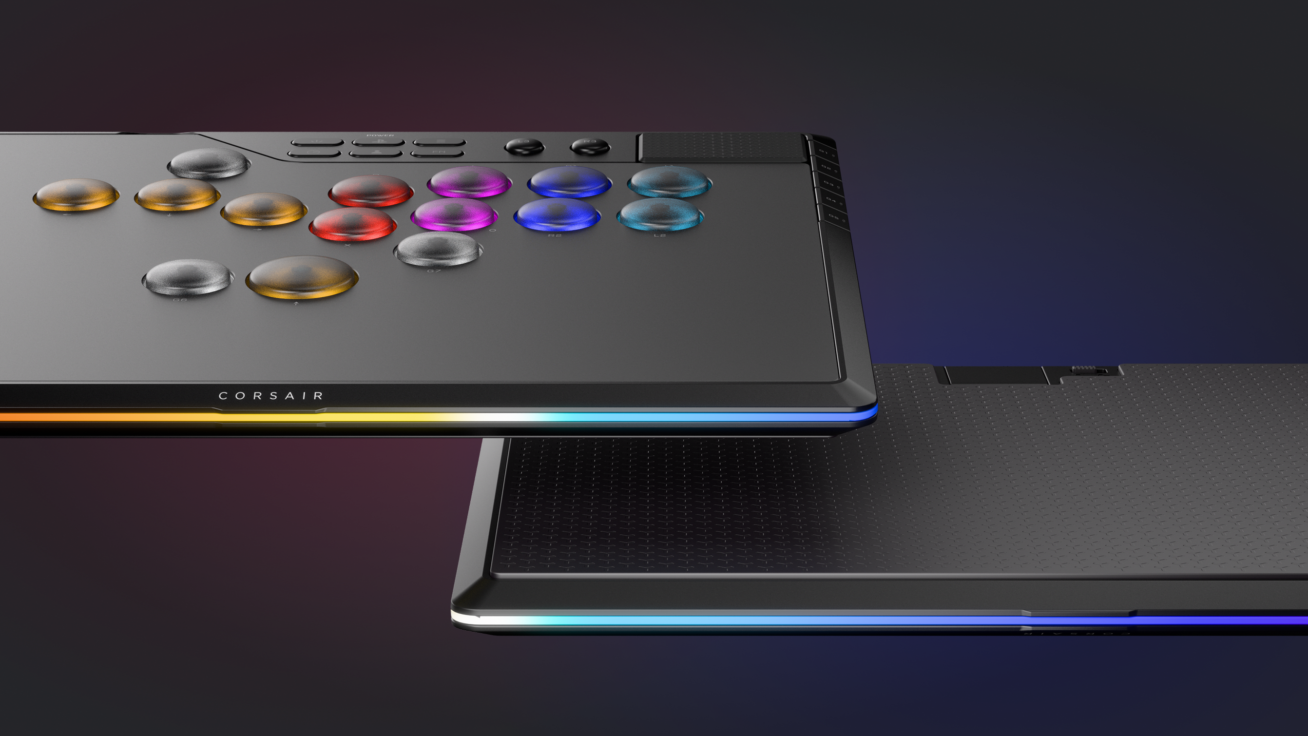 CORSAIR Novablade arcade controllers with RGB-lit buttons and rainbow underglow shown from a dynamic angle.