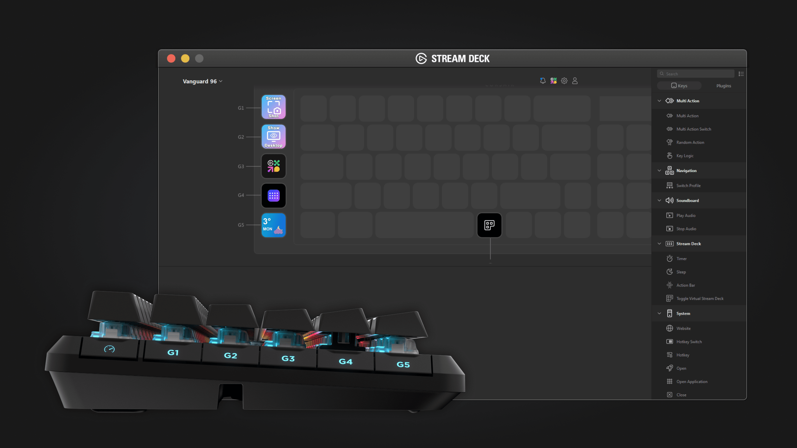 CORSAIR Vanguard Pro 96 keyboard with G-macro keys shown alongside the Stream Deck software integration UI