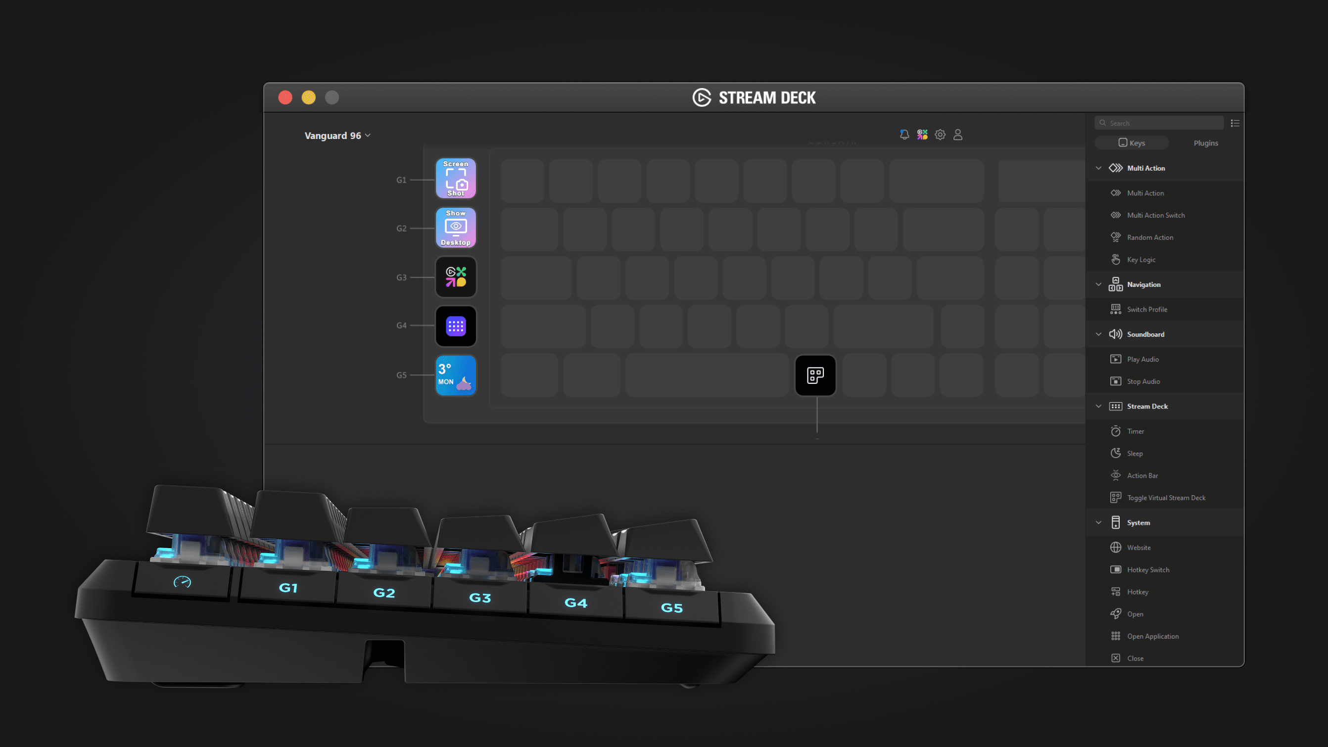 CORSAIR Vanguard 96 keyboard with G-macro keys shown alongside the Stream Deck software integration UI