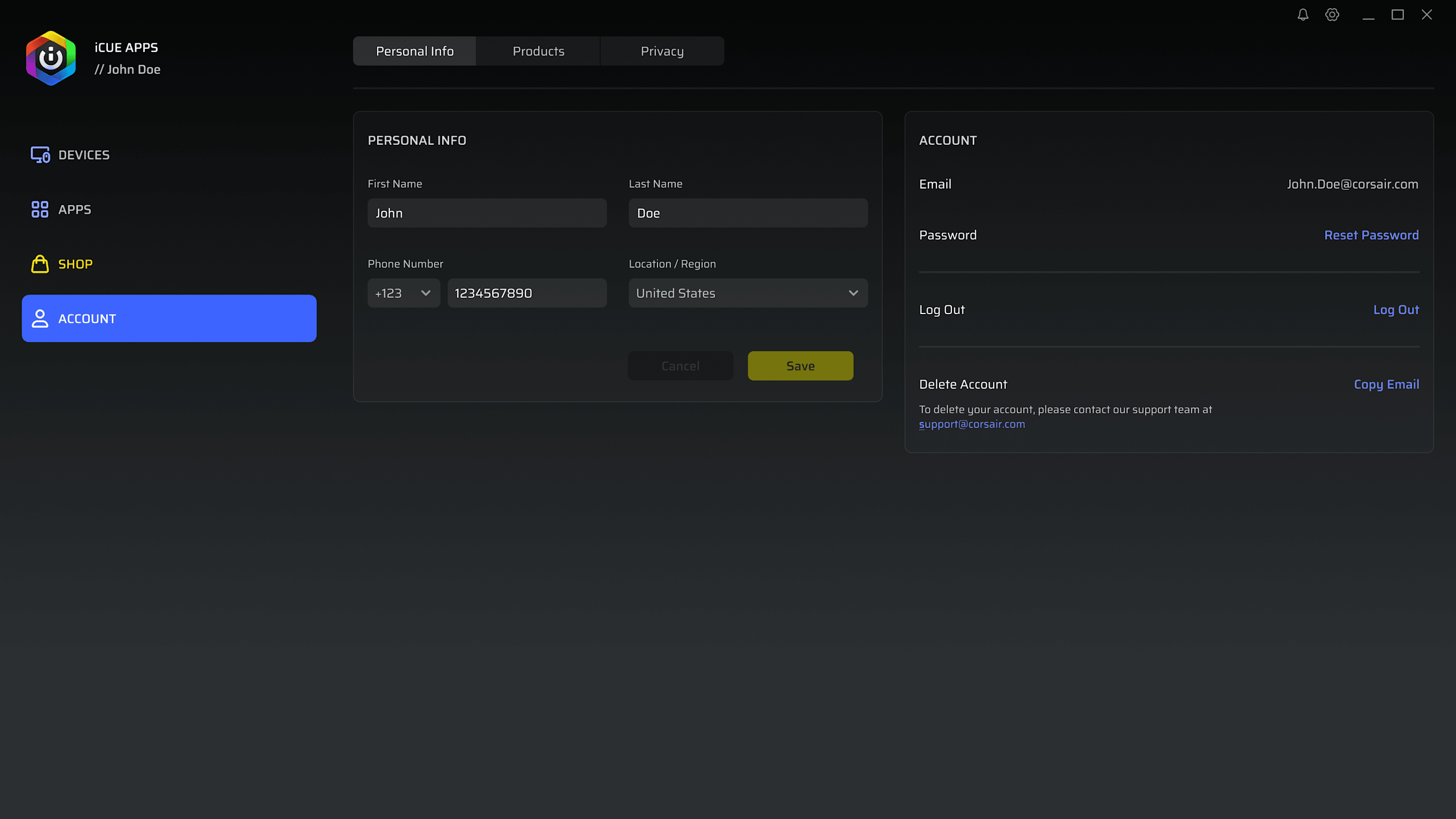 ACCOUNT | APP TABS | iCUE APPS