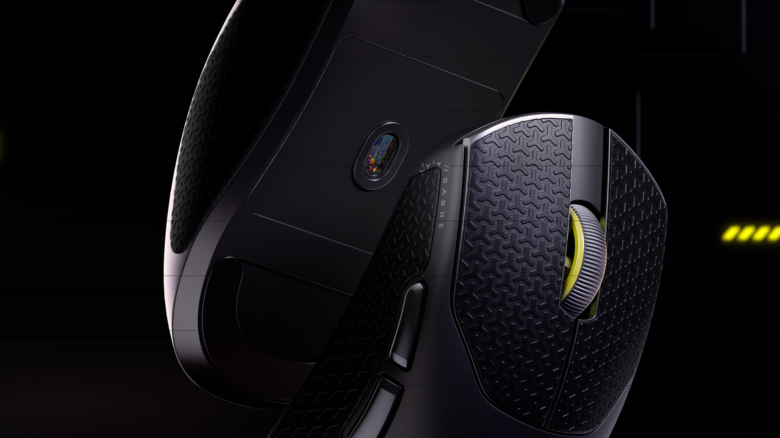 CORSAIR SABRE V2 PRO Ultralight Wireless featuring deeply textured side grip panels and yellow scroll wheel.