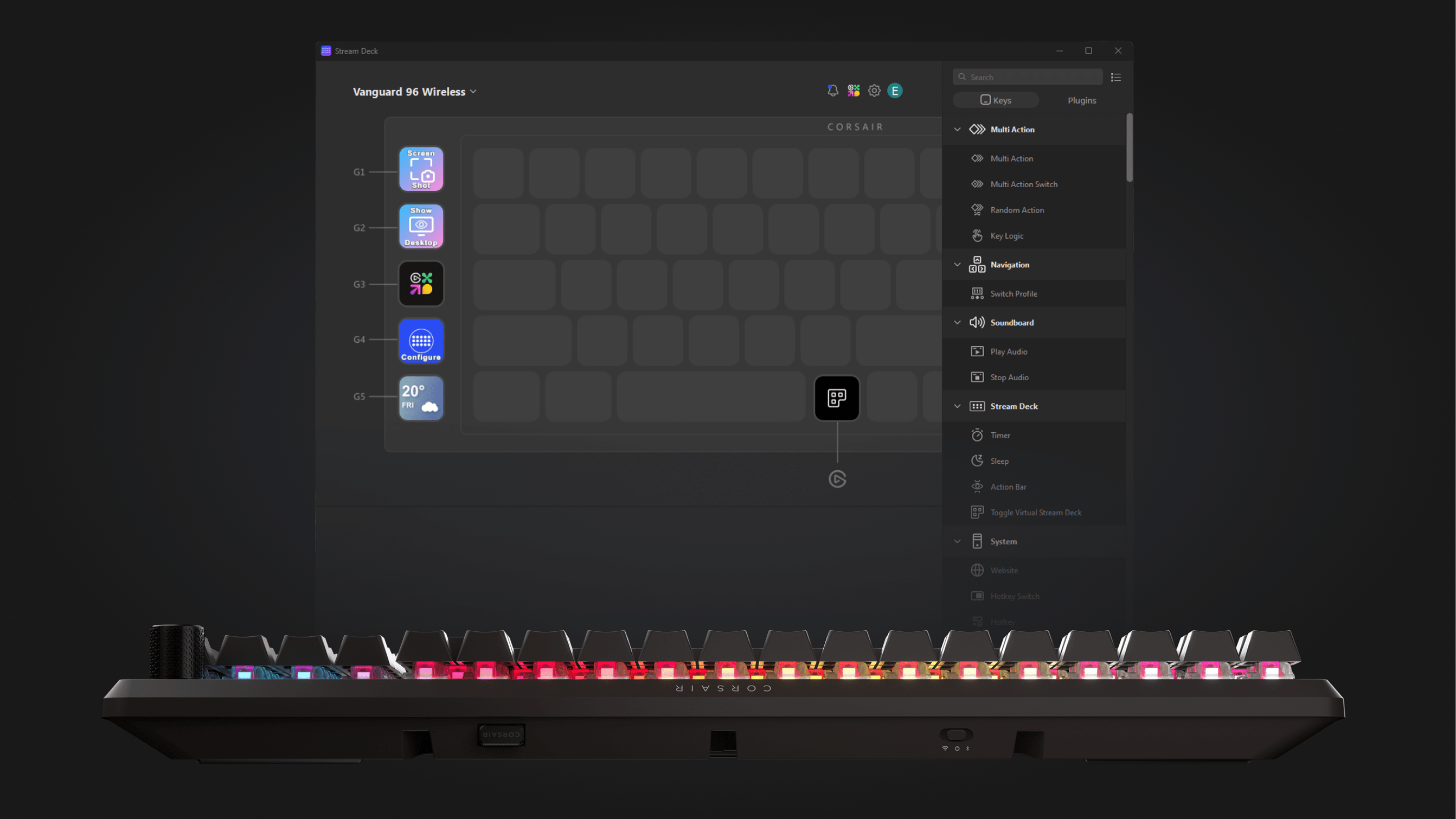 内蔵ディスプレイパネルにStreamDeckアプリ統合インターフェースを表示したVANGUARD 96 WIRELESSキーボード。