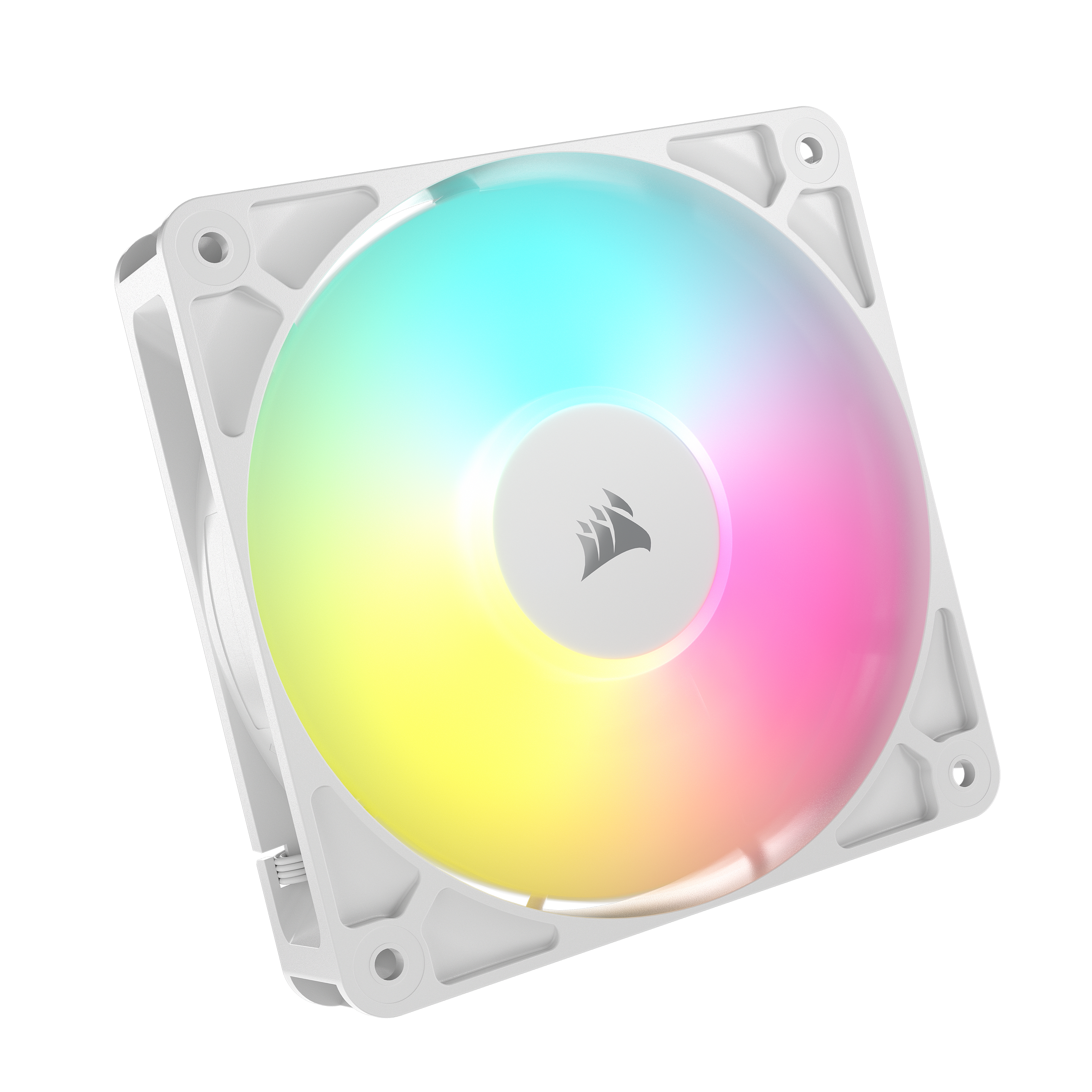 Four CORSAIR RS120 ARGB fans included with the FRAME 4000D LCD white case, shown in a product render.