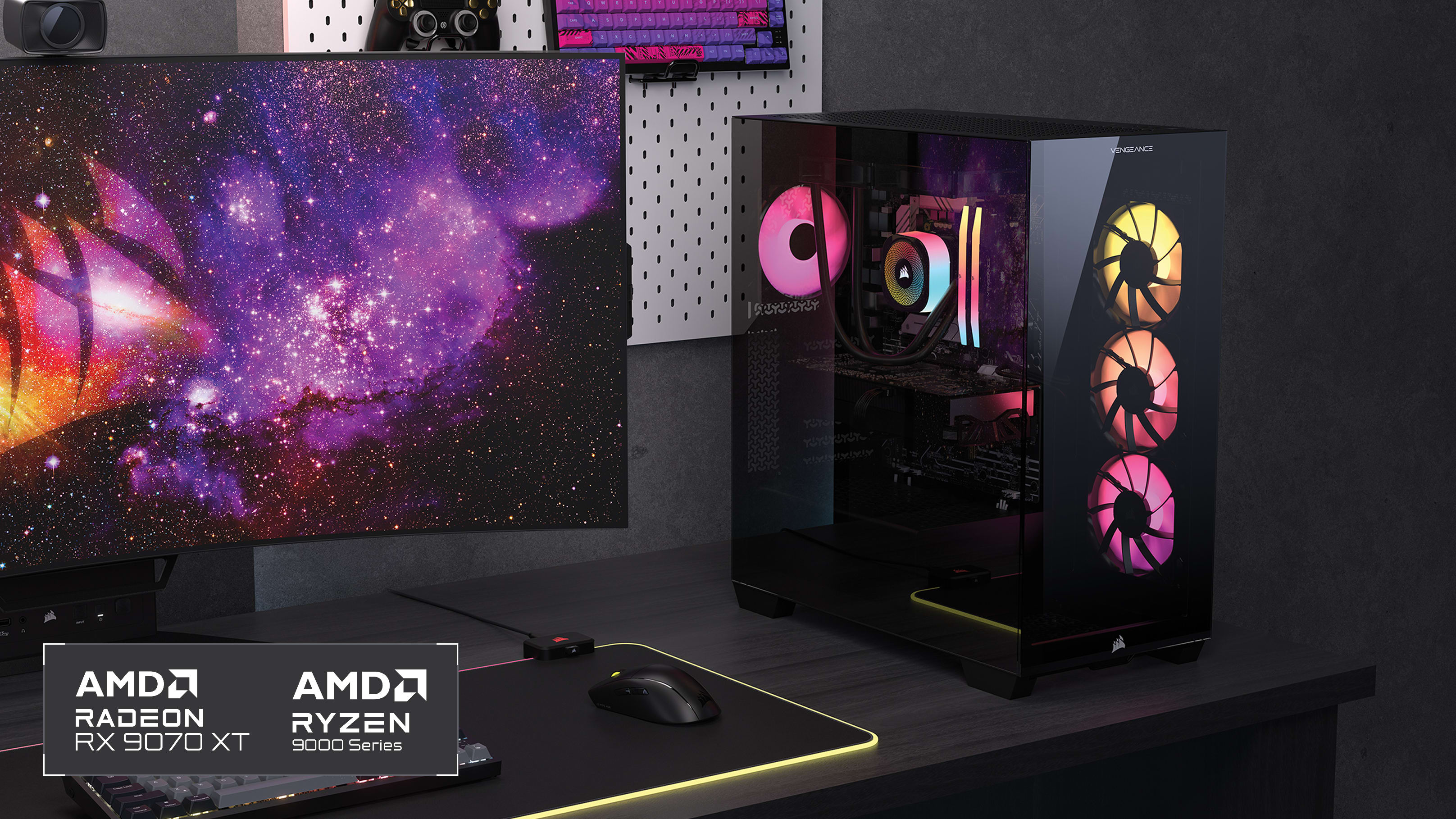CORSAIR gaming PC tower with RGB fans beside a monitor, featuring AMD Radeon RX 9070 XT and Ryzen 9000 Series.