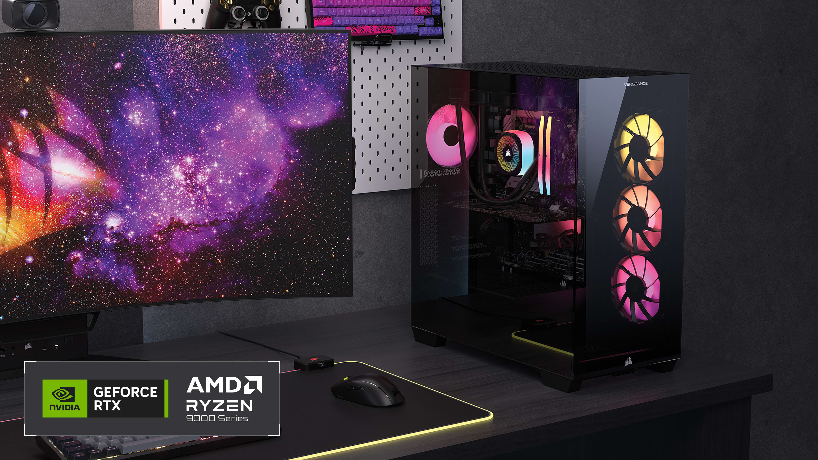 CORSAIR gaming PC tower with RGB fans beside a monitor, featuring NVIDIA GeForce RTX and AMD Ryzen 9000 Series.