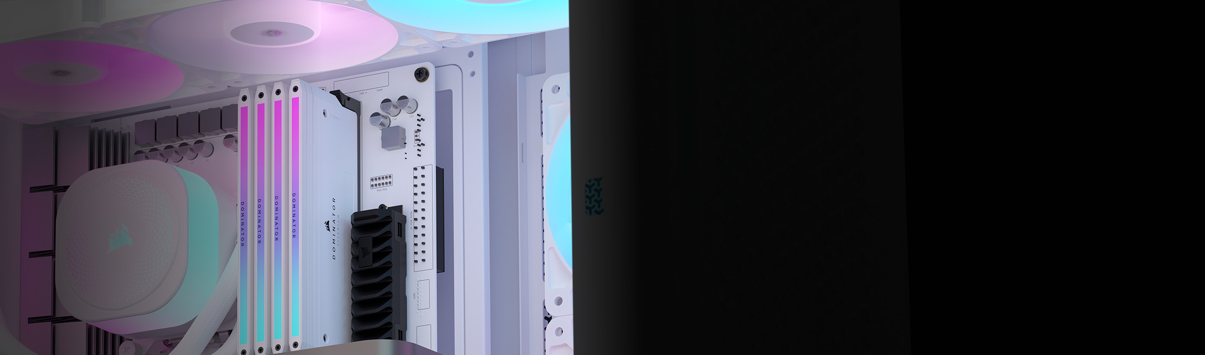 CORSAIR FRAME 4000D LCD white case interior showcasing the clean hidden cable management system from the back.