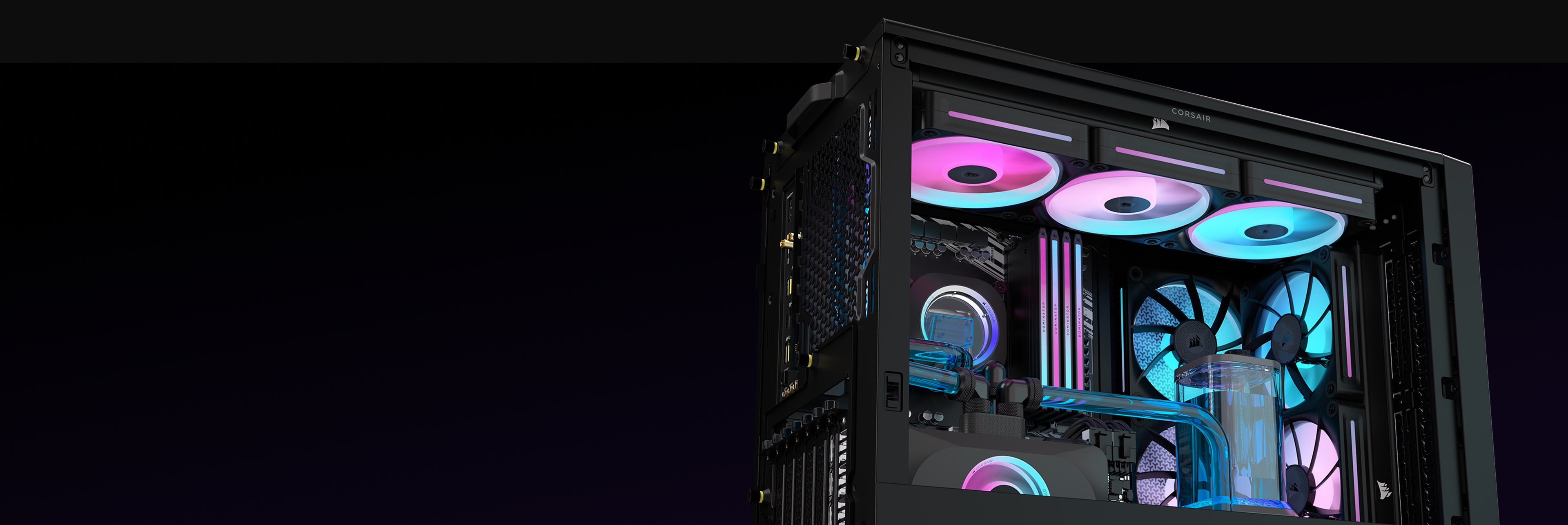 CORSAIR FRAME 4000D LCD black case demonstrating dual 360mm radiator support for maximum liquid cooling capacity.