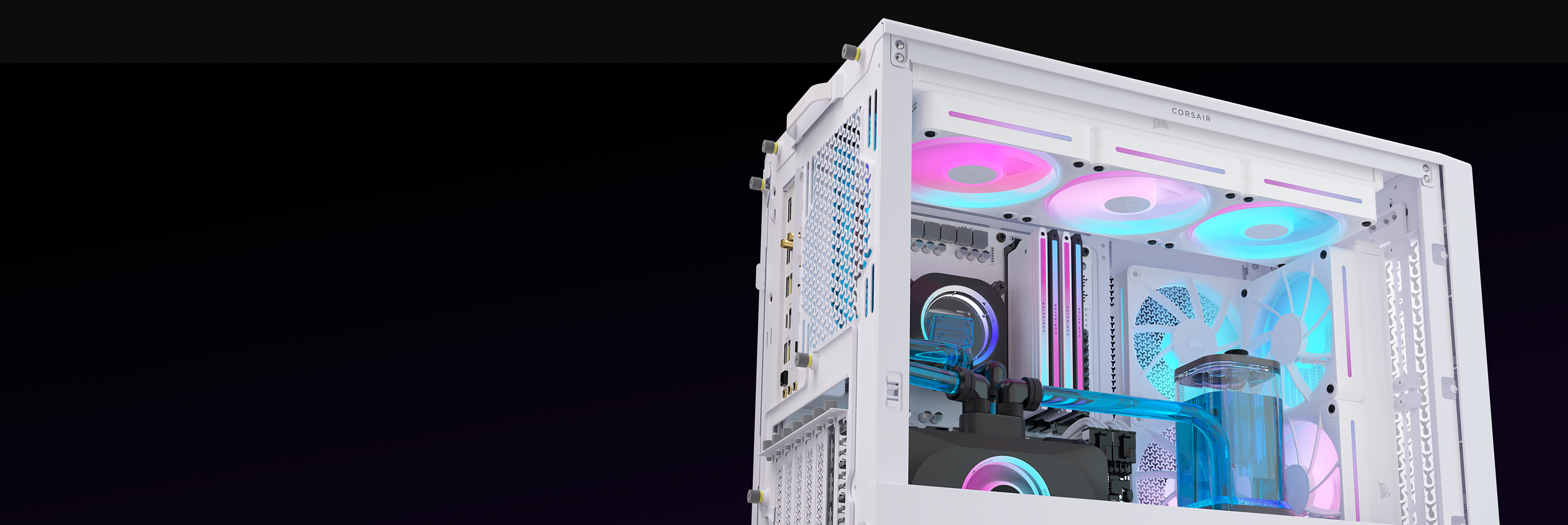 CORSAIR FRAME 4000D LCD white case demonstrating dual 360mm radiator support for maximum liquid cooling capacity.