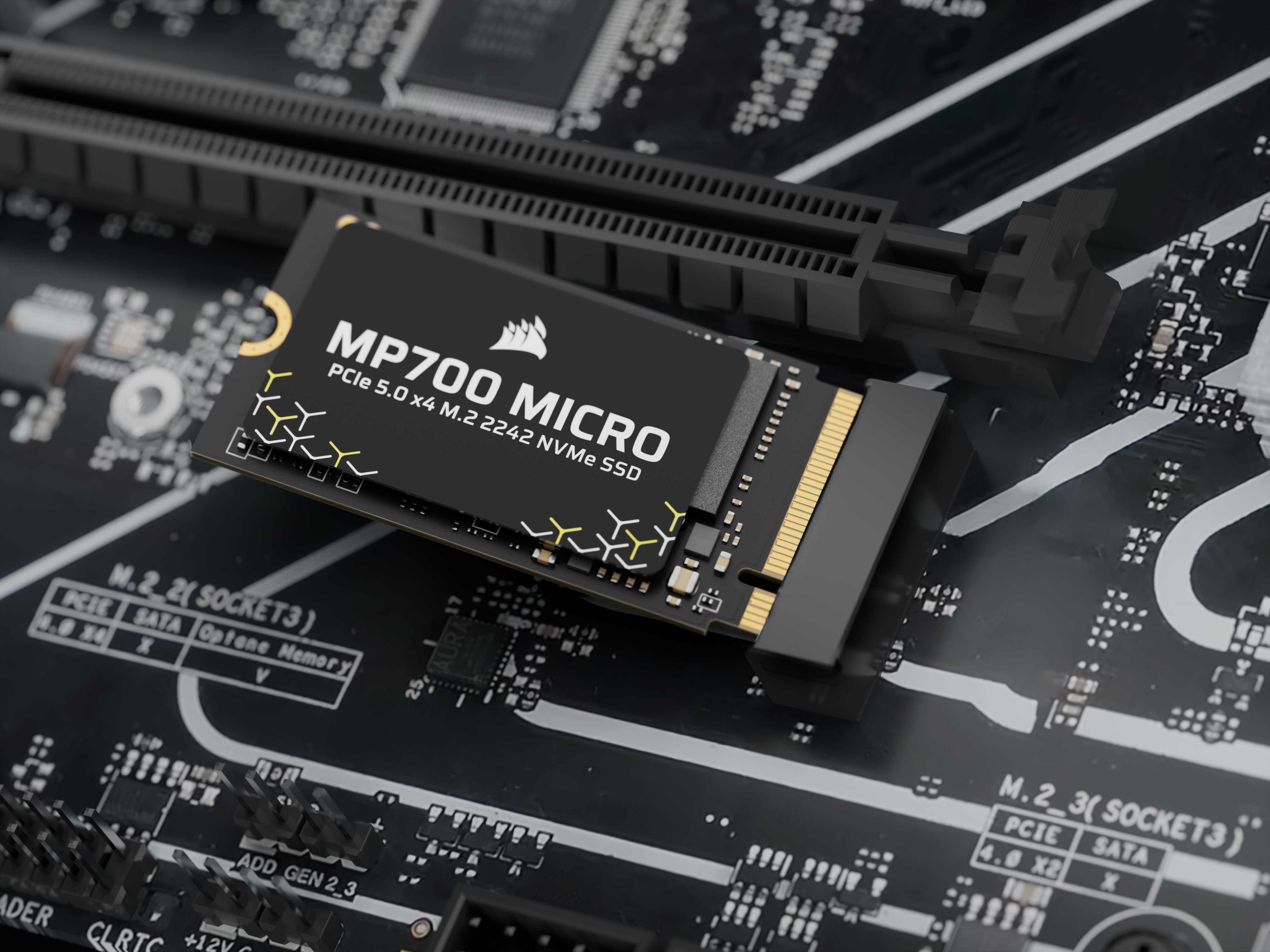 CORSAIR MP700 MICRO M.2 2242 SSD seated in a motherboard slot, showcasing its compact PCIe 5.0 NVMe design.