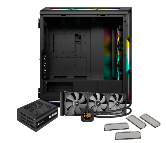 CORSAIR PSU Finder image showing an open PC case with RGB components alongside a power supply, AIO cooler, and RAM modules.