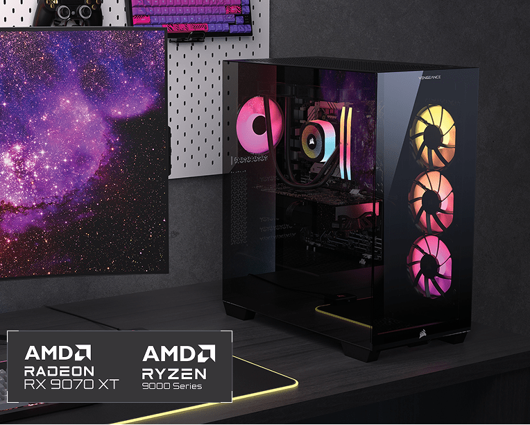 CORSAIR gaming PC tower with RGB fans beside a monitor, featuring AMD Radeon RX 9070 XT and Ryzen 9000 Series.