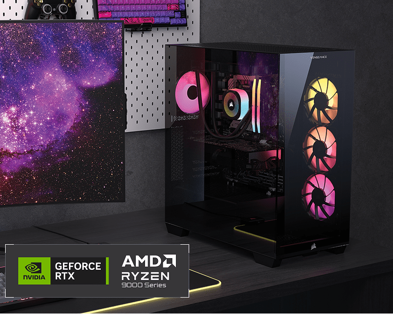 CORSAIR gaming PC tower with RGB fans beside a monitor, featuring NVIDIA GeForce RTX and AMD Ryzen 9000 Series.