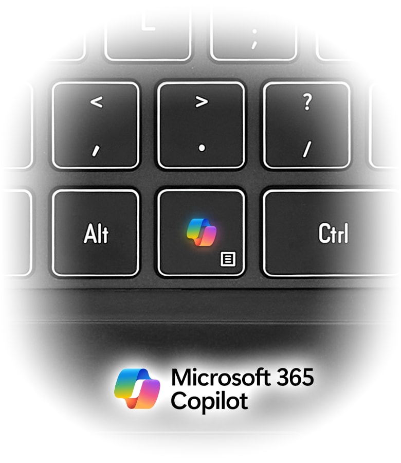 Close-up of the ORIGIN PC EON18-X keyboard highlighting the dedicated Microsoft 365 Copilot key for AI-powered productivity.