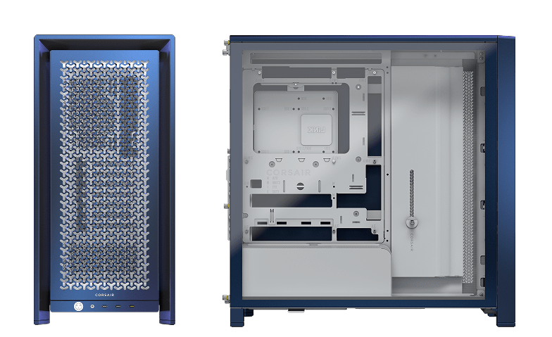 CORSAIR FRAME 4000D Vault Nova colorway case dimensions showing exterior and interior component views.