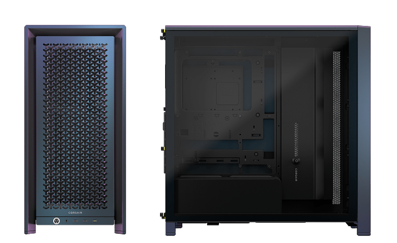 CORSAIR FRAME 4000D Vault Galaxy 콜러웨이 케이스 치수 — 외부 및 내부 부품 뷰 포함.