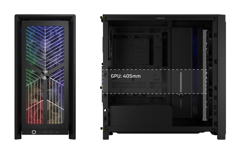 Dimensions diagram of the black FRAME 4000X RS showing front and side profiles with labeled GPU clearance of 405mm