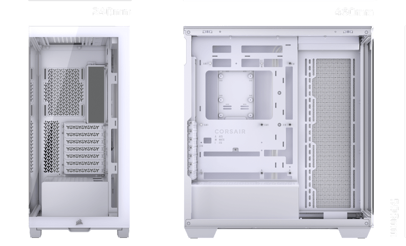 CORSAIR a7500 PC case dimensions diagram showing 240mm width with exterior and interior side views at 460×506mm.