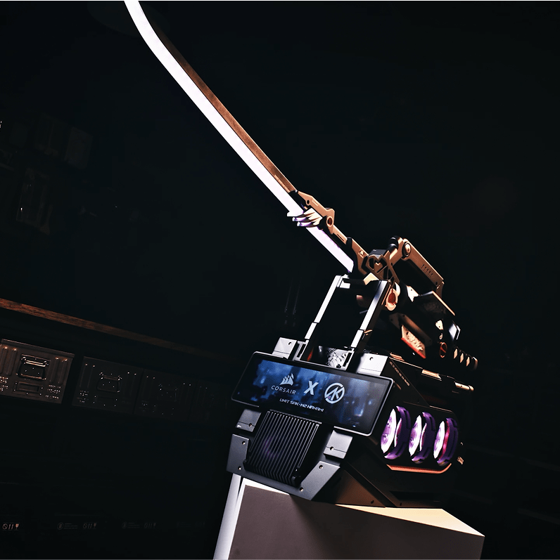 Dramatic stylized render of CORSAIR SHUGO DDR5 memory with katana-inspired design accents on dark background.
