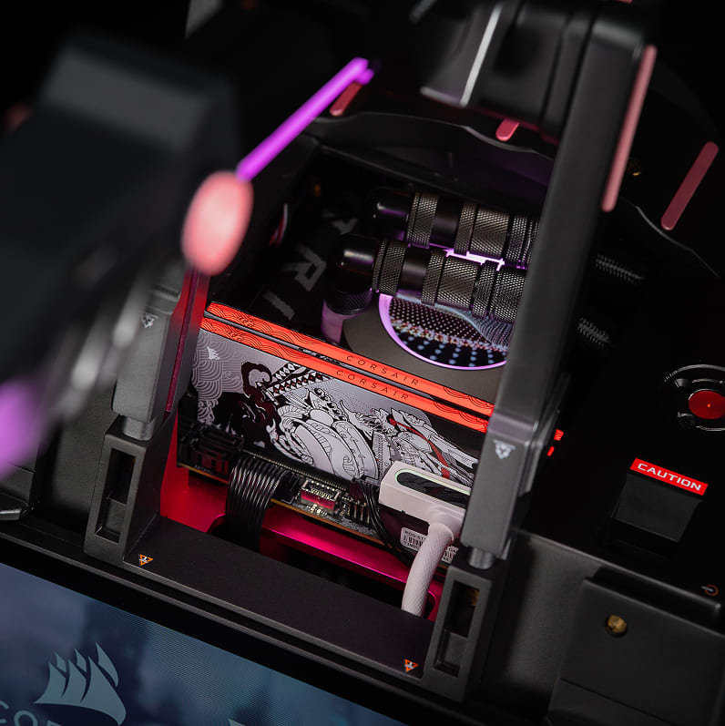 CORSAIR SHUGO DDR5 RAM with Japanese warrior art installed in a PC build, highlighted with orange-red RGB lighting.