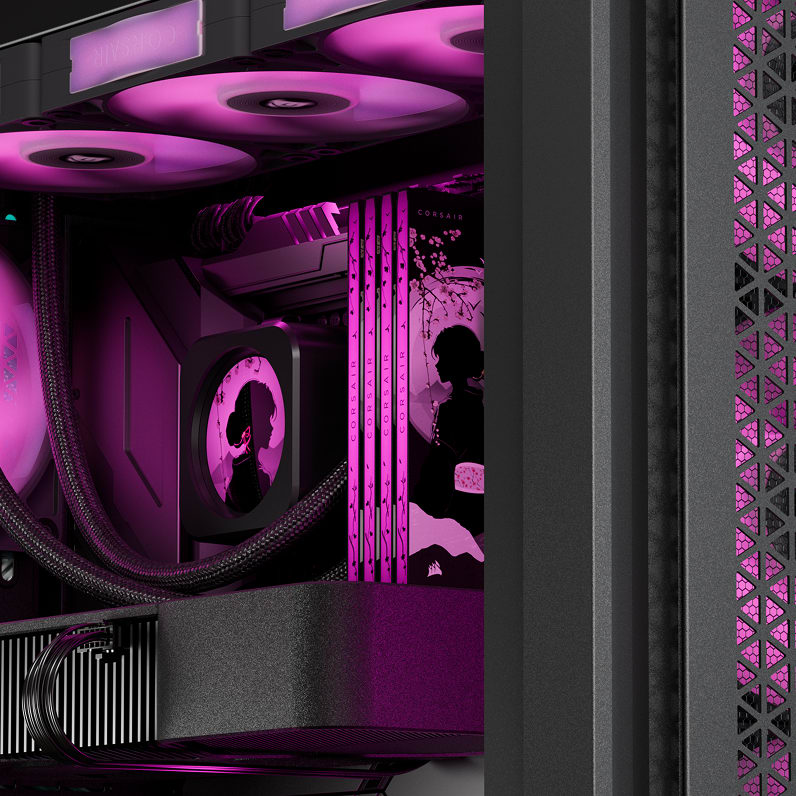 CORSAIR SHUGO DDR5 RAM installed in a gaming PC, glowing teal with anime-inspired artwork under dramatic RGB lighting.