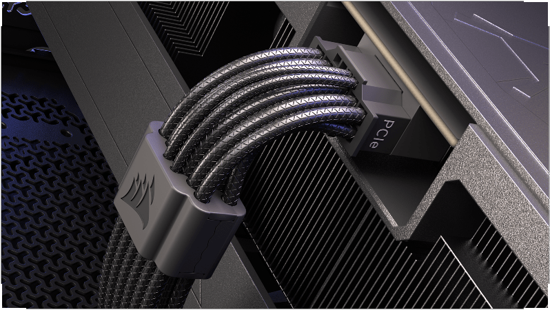 Black Corsair SLEEK ThermalProtect cable routed inside a dark PC build, showing the flexible braided cable bending around components with PCIe connector