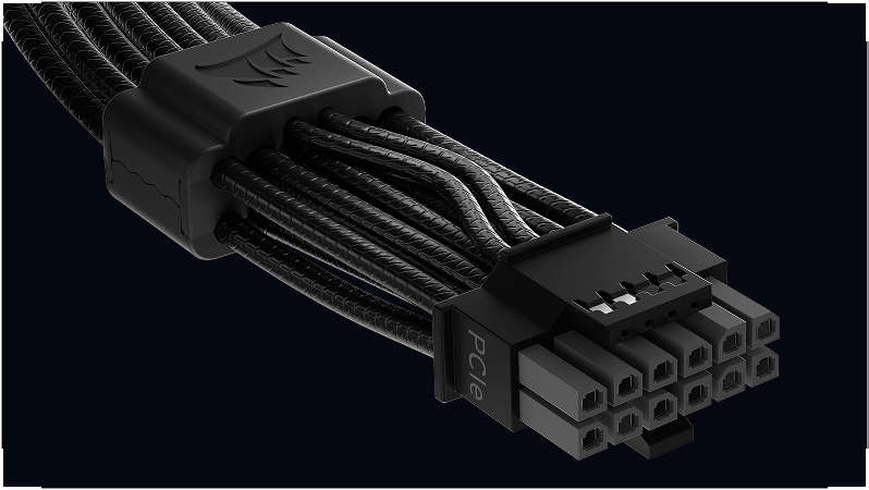Close-up of a black Corsair SLEEK ThermalProtect braided PCIe cable with 12-pin connector on a dark background