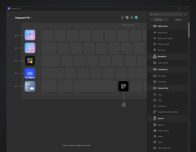 VANGUARD 96 keyboard layout in Stream Deck software showing configurable keys and app action shortcuts in the side panel.