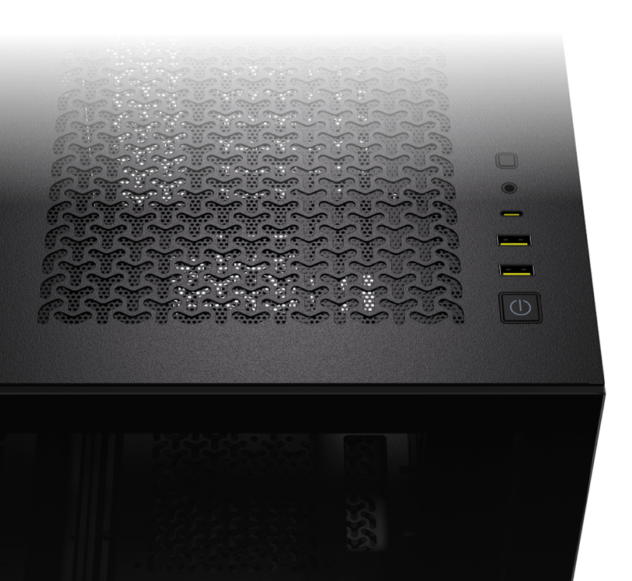 CORSAIR 3500X PC case close-up of the front mesh panel with triangular perforations and front I/O connectivity ports.