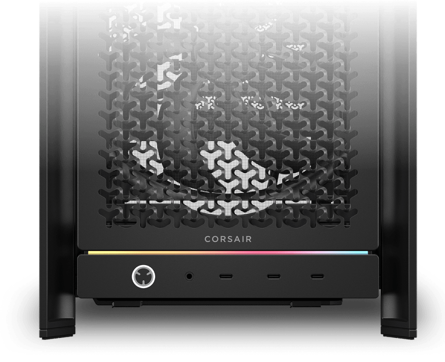 Closeup of a case’s power button and connector ports.