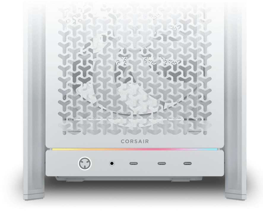 CORSAIR FRAME 5000 WS white case front panel showing diamond mesh design, CORSAIR logo and RGB lighting strip.