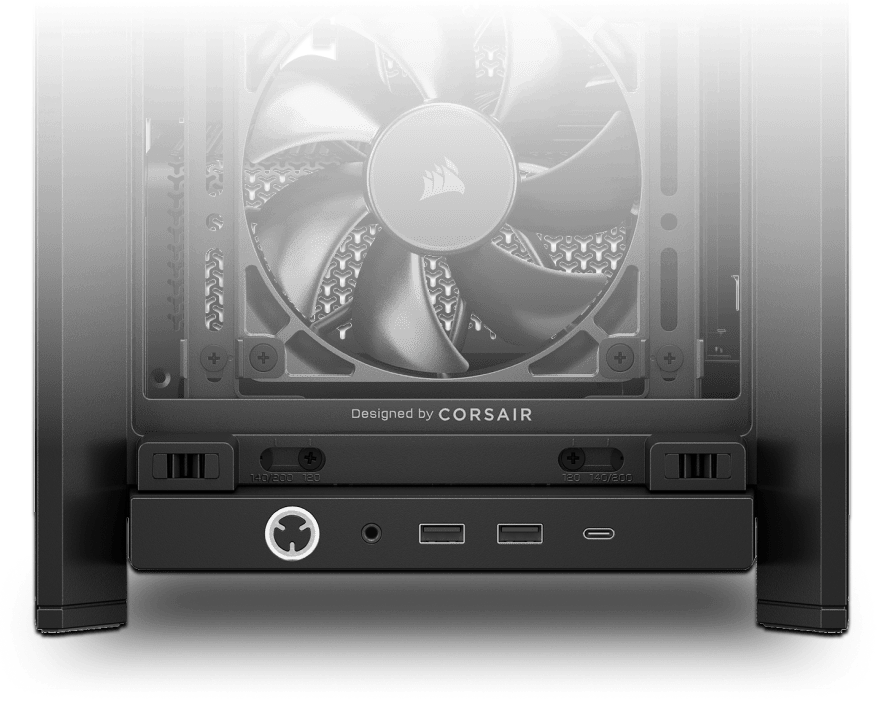 Close-up of black FRAME 4000X RS front showing CORSAIR fan and I/O bar with power button, audio, USB-A, and USB-C ports