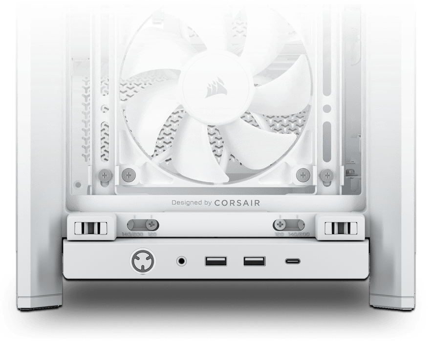 Close-up of white FRAME 4000X RS front showing CORSAIR fan and I/O bar with power button, audio, USB-A, and USB-C ports