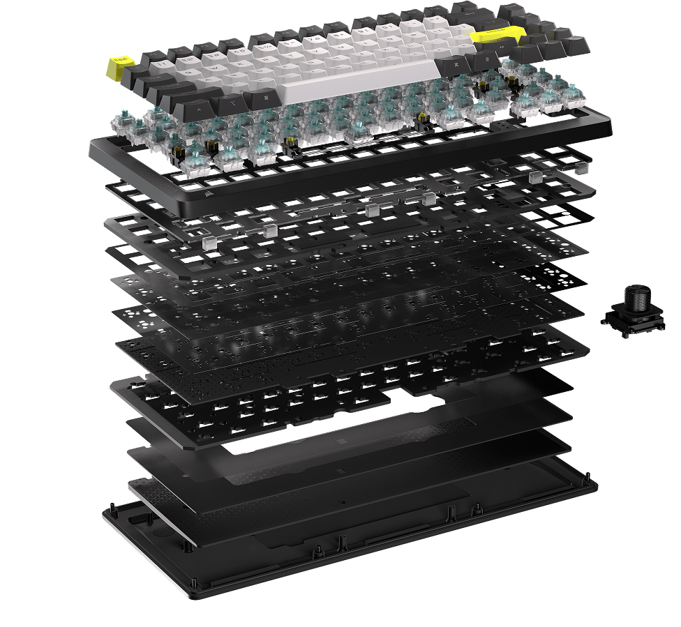 CORSAIR MAKR Pro 75 keyboard exploded layer diagram showing all internal components from PCB to case.