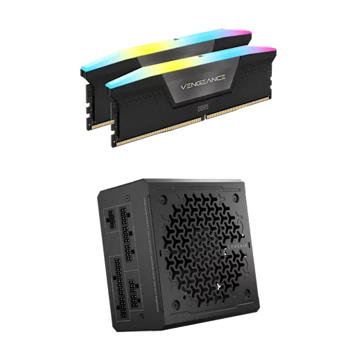 CORSAIR Kit de memoria DRAM DDR5 a 6.400 MT/s VENGEANCE® RGB de 32 GB (2 x 16 GB) CL32 y paquete de fuente de alimentación RMe Series de 850 W