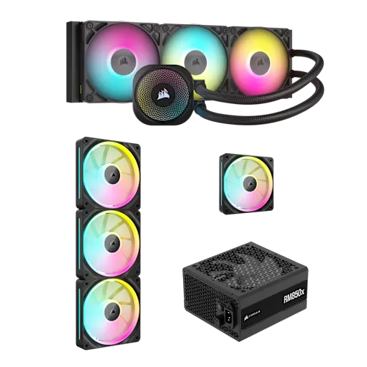 CORSAIR Paquete de enfriador de CPU iCUE LINK Titan 360 RGB, fuente de alimentación RM850x y ventilador cuádruple LX120 RGB