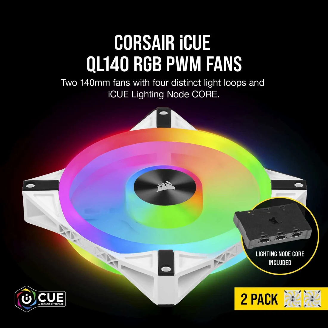 iCUE QL140 RGB 140mm PWM White Fan — Dual Fan Kit with Lighting Node CORE