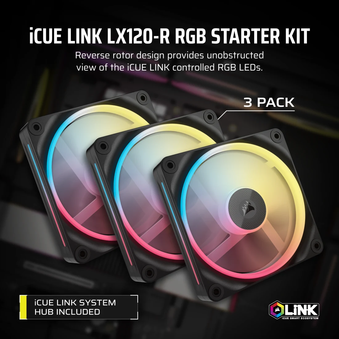iCUE LINK LX120-R RGB 120mm PWM Reverse Fans Starter Kit