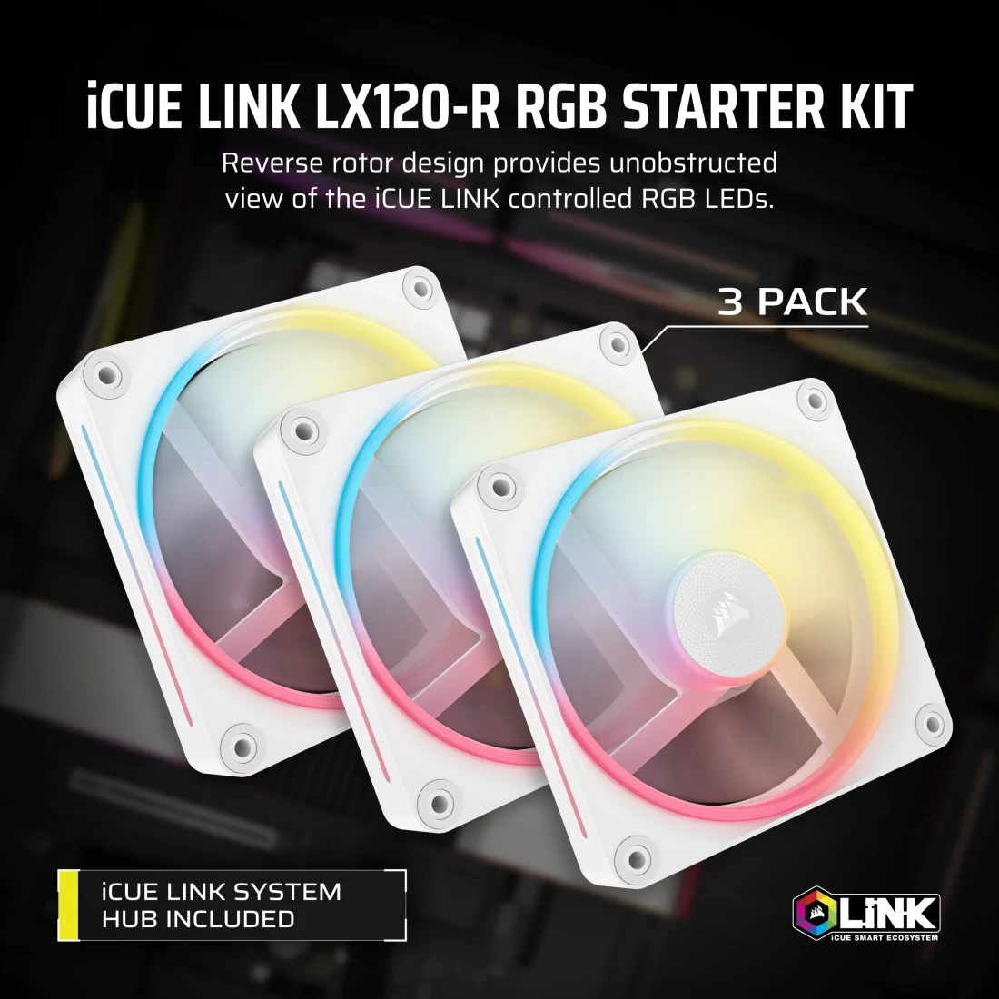 iCUE LINK LX120-R RGB 120mm PWM Reverse Fans Starter Kit - White