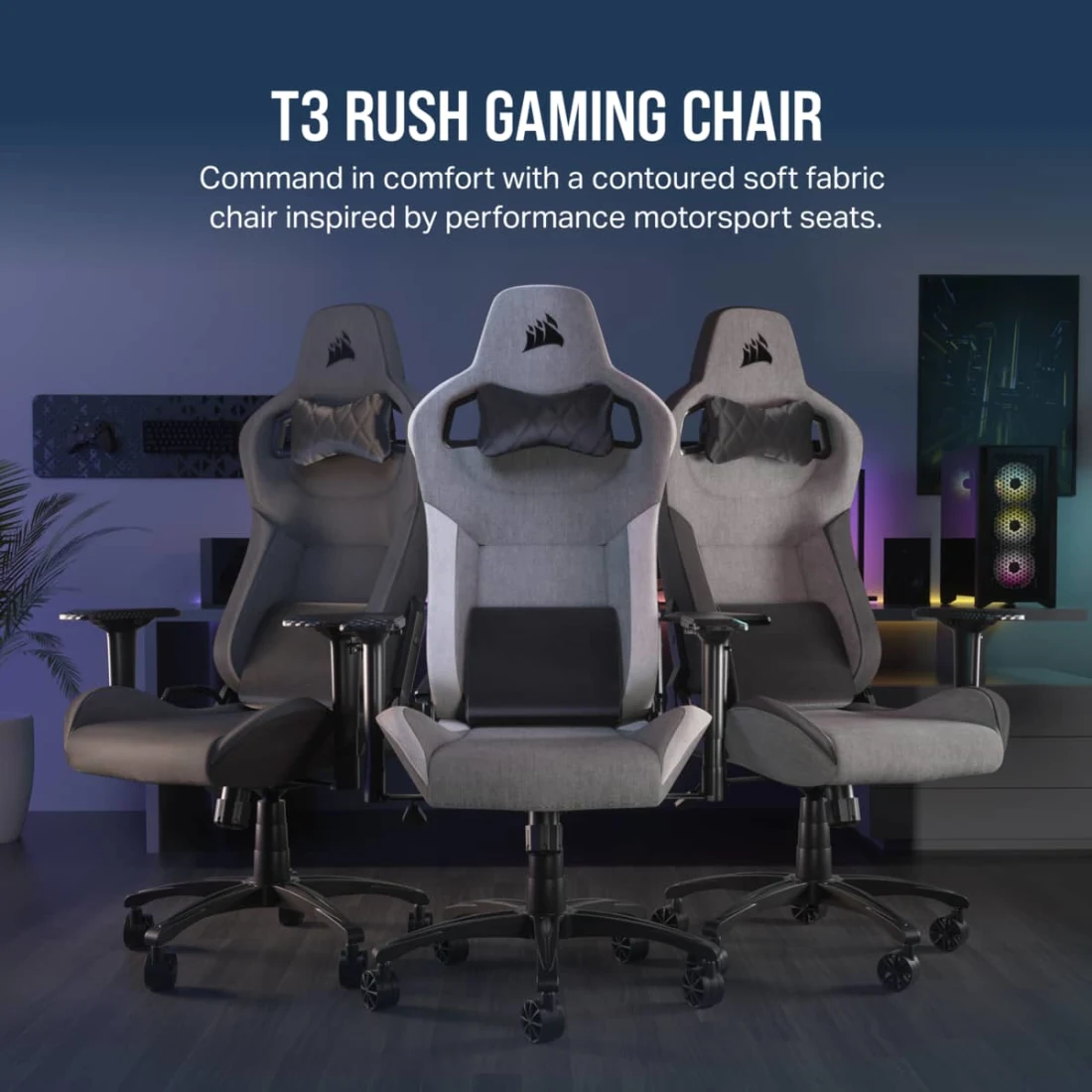 T3 RUSH Gaming Chair lineup with three chairs in grey/charcoal