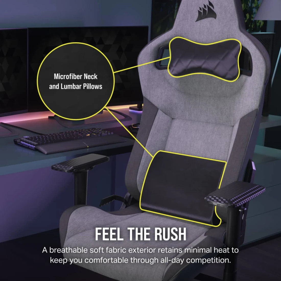 Close-up of neck pillow and lumbar support on chair with labeled features
