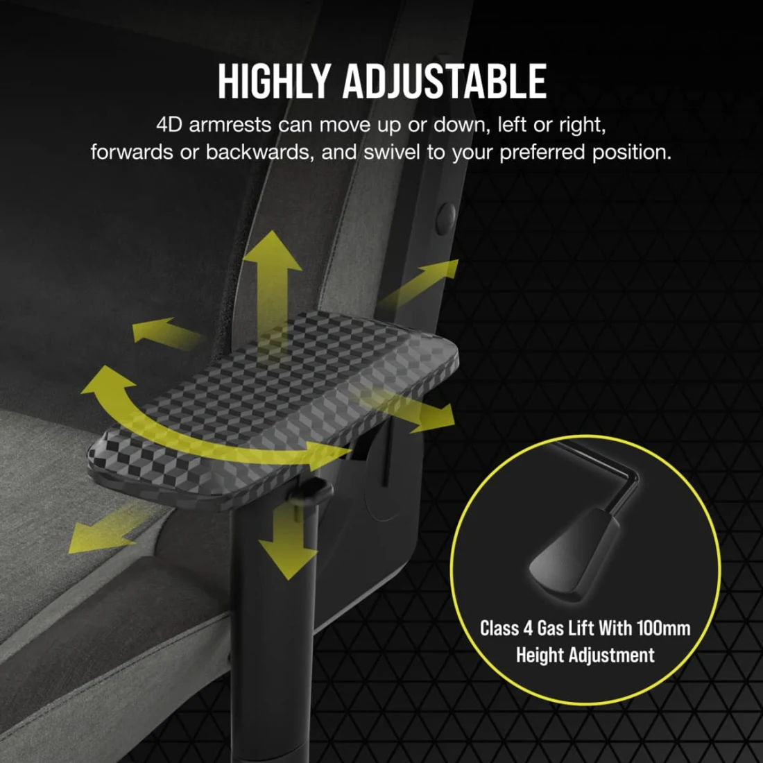 Highly adjustable chair with 4D arms and 100mm height adjustment