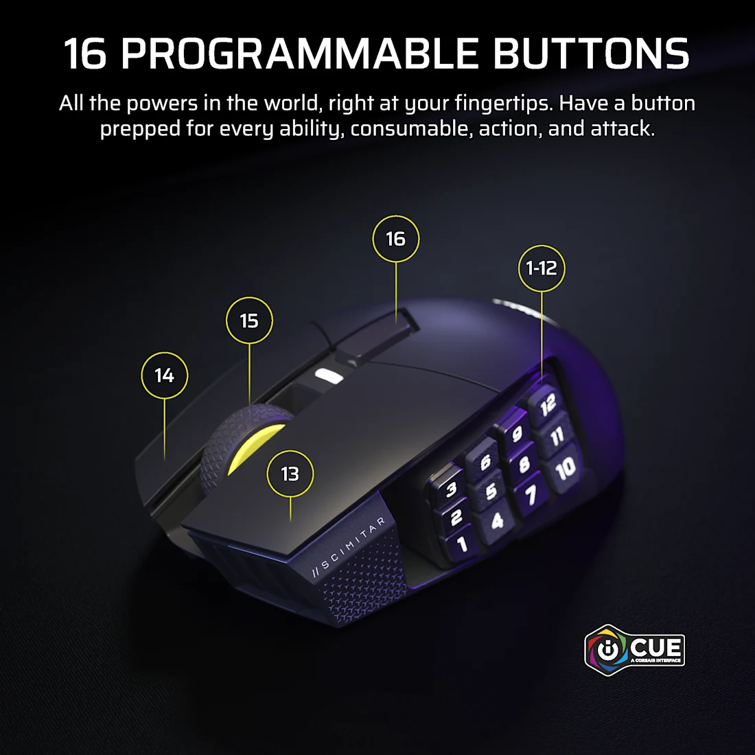 CORSAIR SCIMITAR ELITE WIRELESS SE 16個のプログラム可能ボタン配置図