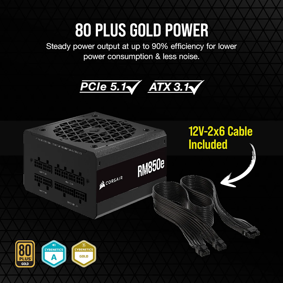 CORSAIR - RMe Series RM850e 80 PLUS Gold Fully Modular Low-Noise ATX 3.1 and PCIE 5.1 Power Supply - Thumbnail 3