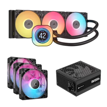 iCUE LINK Titan 360 RGB LCD CPU Cooler, RM1000x PSU, and RX120 RGB Triple Fan Bundle