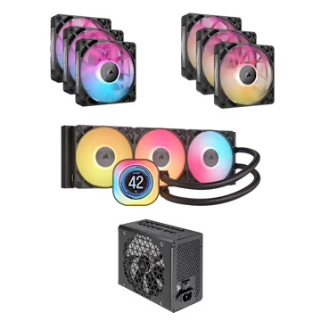 iCUE LINK Titan 360 RGB LCD CPU Cooler, RM1200x PSU, 3x RX120 MAX Fans, and 3x RX120 Fans bundle