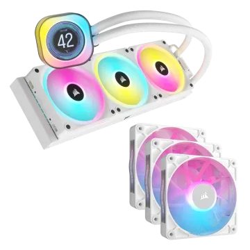 iCUE LINK H150i LCD Cooler - White and RX120 RGB Triple Start Kit Bundle