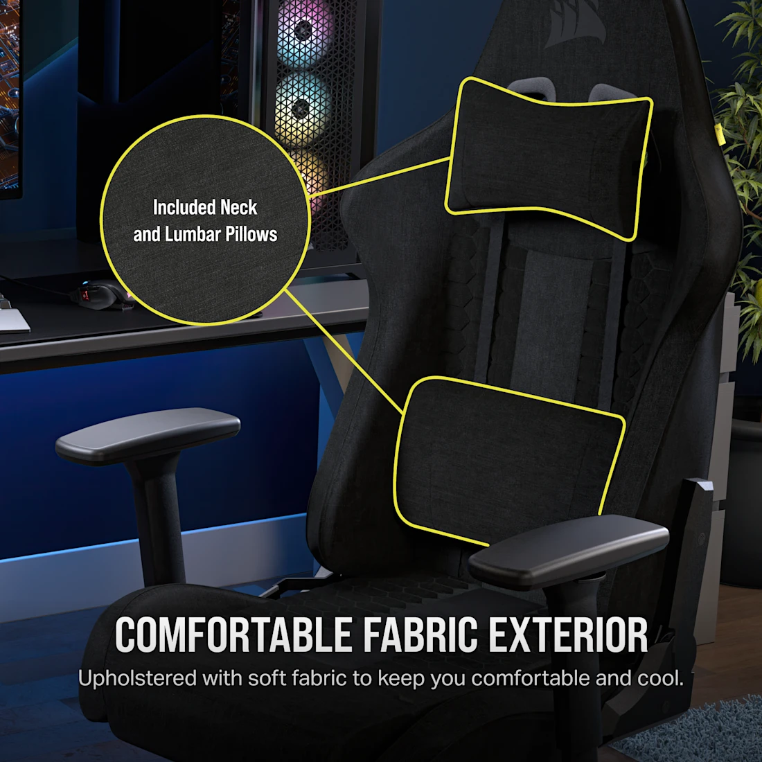 Included neck and lumbar pillows with black fabric upholstery on chair